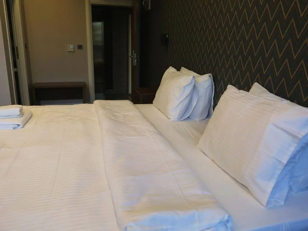 Double Room: bed and pillows, the bathroom door behind