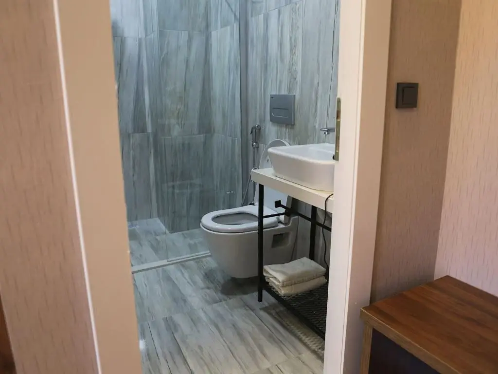 Twin Room bathroom: shower cabin, wall-hung toilet and washbasin