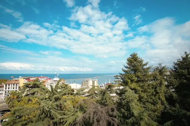 Üst kattan Trabzon: çam ağaçlarının ardında kırmızı çatılar, liman mendireği, deniz ve bulutlu gökyüzü
